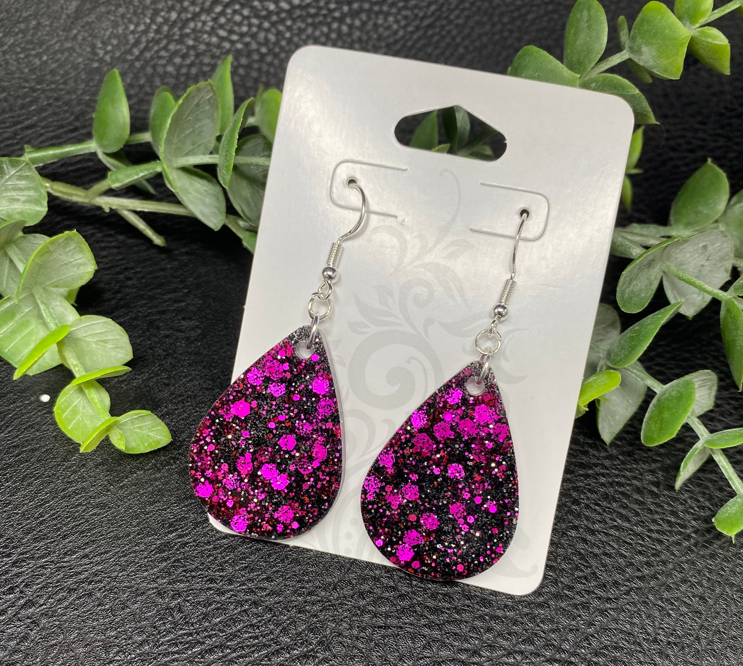 Black & Pink Glitter Teardrop Earrings